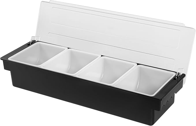 Restaurantware Bar Lux 19.6 x 6.3 x 3.7 Inch Condiment Caddy 1 Durable Bar Caddy - 4 Removable Compartments Built-In Lid Black Plastic Condiment Holder For Restaurant Store Cocktail Garnish - Image 2