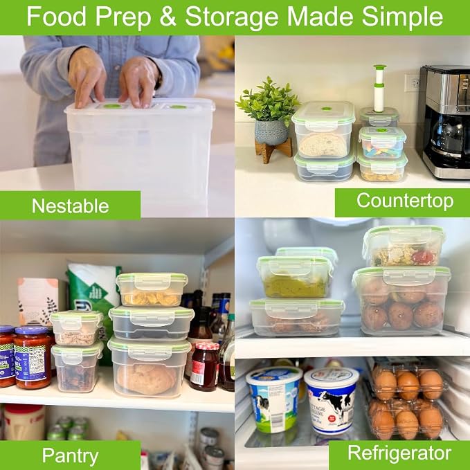 BPA-Free Plastic Vacuum Seal Containers with Hand Pump – Airtight Food Storage, Meal Prep & Pantry Organization, Preserves Freshness 5X Longer, 11-Piece Set - Image 3