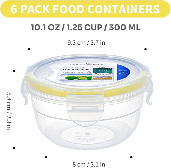 KIGI Small Round Food Storage Containers, 1.26 cup /10 oz, 6 Pack | Plastic Bowls with 4-Sided Locking Lids for Snacks, Meal Prep and Lunch,Leak-Proof & Airtight, BPA-Free, Freezer Safe - Image 2