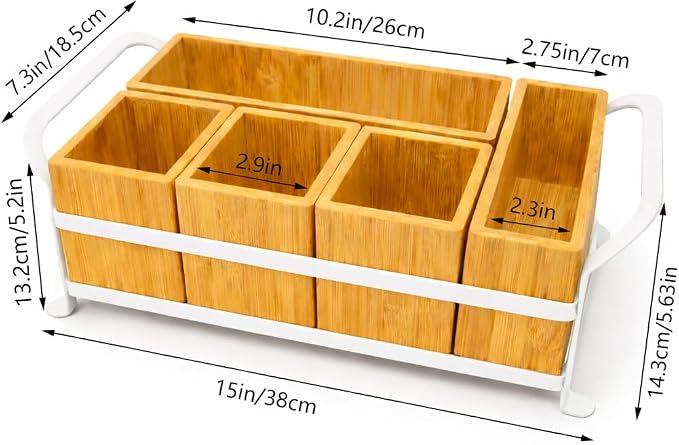Bamboo Utensil Caddy with Handle - 5 Compartment Silverware Holder for Party & Kitchen Countertop - Removable Wooden Flatware Organizer for Picnic, BBQ, Buffet, RV & Outdoor Dining - Image 4