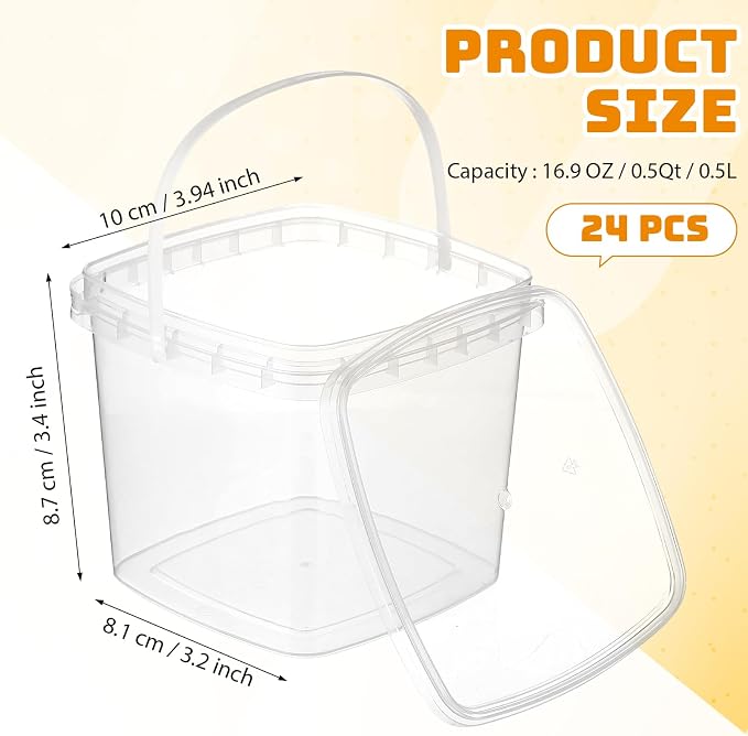 24 Pcs 16.9 oz Square Deli Containers with Lids and Handle Clear Plastic Food Containers Reusable Space Saver Restaurant Stackable Buckets for Meal Food Prep Kitchen Party Supplies - Image 2
