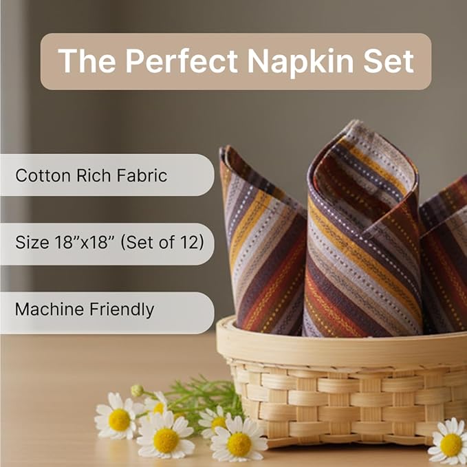 LFH Home Cotton Rich Cloth Salsa Napkin Set of 12 Washable Soft Durable Striped Table Napkins for Dining Wedding, Daily Use Reusable Eco-Friendly Napkins for Elegant Table Settings(18x18)-Rust Multi - Image 2