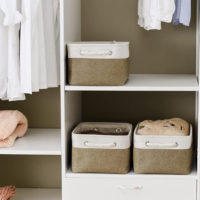 Storage Basket for Organizing - 14x10x7 inch Medium 3 Pack Collapsible Storage Bin for Shelves with Handles, Canves Storage Box for Organizer Cubes Cloth Gift Toy Closet (White & Khaki) - Image 3