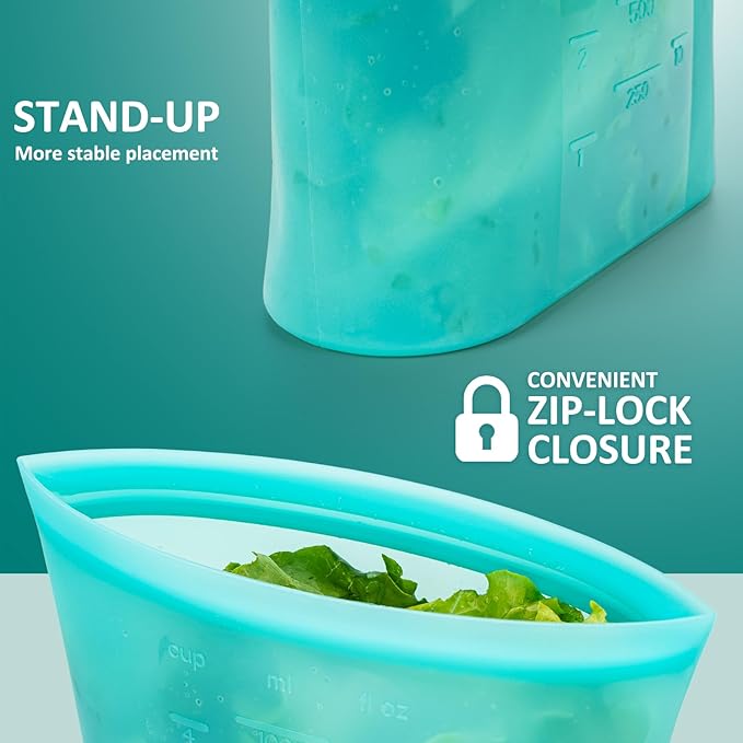 8-Pack Reusable Silicone Food Storage Bags, 100% Silicone Stand-Up Wide-Open Zip-Lock Reusable Storage Bags for Food, Freezer Microwave Oven Dishwasher Safe, Aqua, 4S 4XS - Image 3