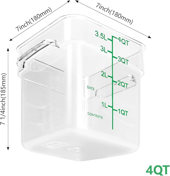 4 Pack Food Storage Containers with Green Lids, 4.0 Qt - Square, Clear, Polycarbonate, for Restaurant Commercial Kitchen and Home party - Image 2