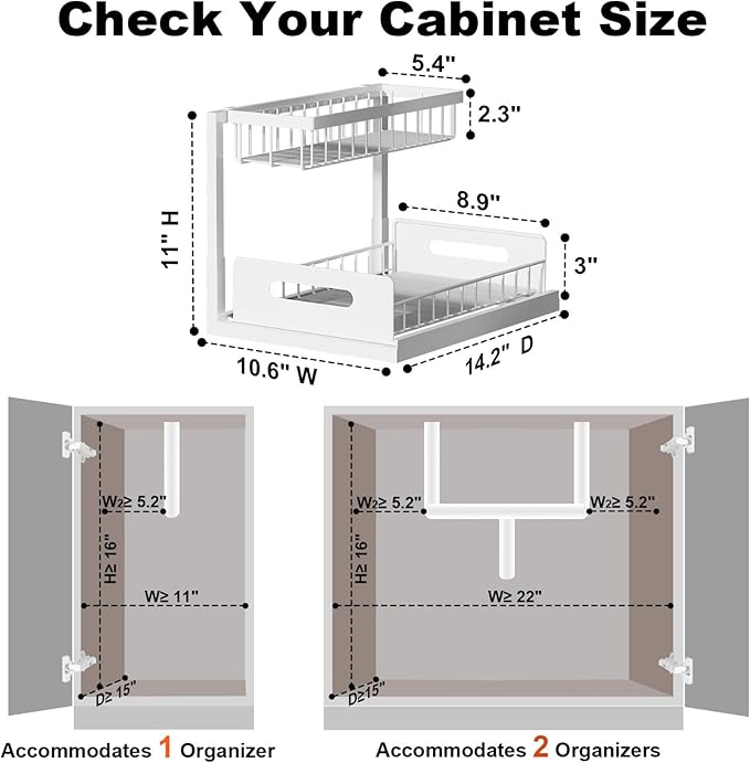 Under Sink Organizer, L-Shaped 2 Tier Pull Out Cabinet Organizer | Slide Out Under Cabinet Storage, For Kitchen and Bathroom, Metal Under Sink Storage with Sliding Drawer, 50 lbs, White 2 Pack - Image 2