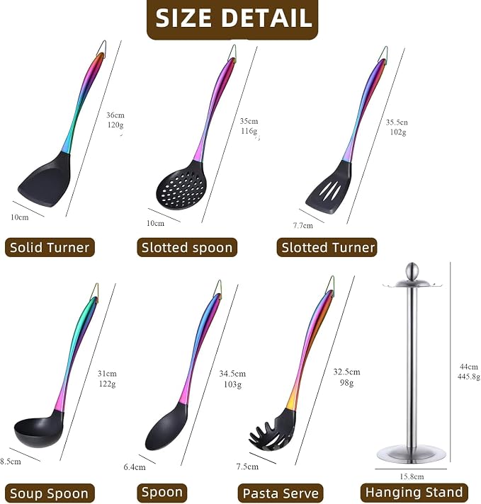 Silicone Cooking Utensil Set,6 pcs Silicone Cooking Kitchen Utensils Set,Non-stick Kitchen Cookware Titanium Stainless Steel Handle with Utensil Holder,Spatula Set for Cooking-Rainbow Color - Image 2