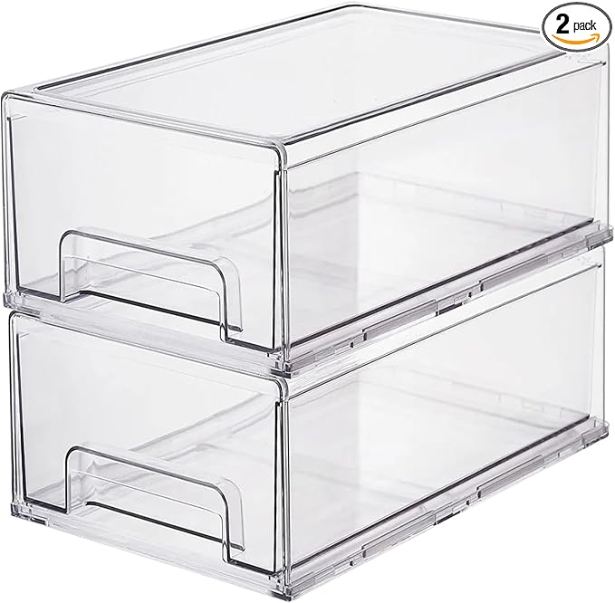 Clear Plastic Stackable Storage Drawers Bins, Perfect for Kitchen Pantry Organization and Storage, Under Sink Organizer, Pull Out Cabinet Organizer, Makeup, Bathroom Storage Containers for Organizing by ShelfShaper