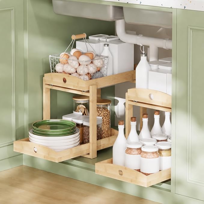 Bamboo Under Sink Organizer 2 Tier Pull Out Cabinet Storage Drawer - Image 2