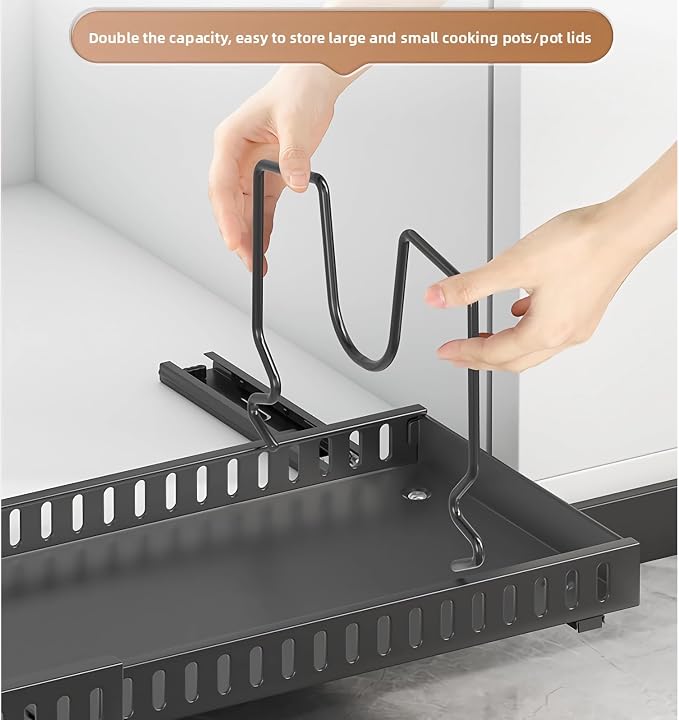 pots and pans organizer under cabinet,pot lid organizers inside cabinet holders for kitchen,Horizontal and vertical pulling modes,Can be extended and adjusted (Black horizontal pull-out) - Image 7