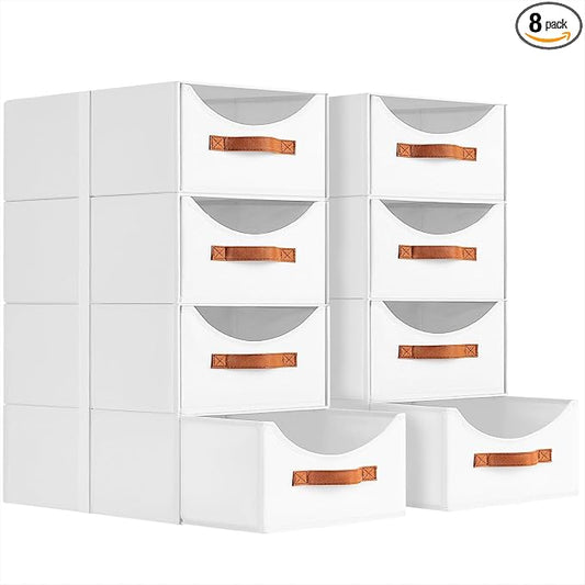 Stackable Storage Drawers - Large Collapsible Storage Bins with Drawers, 8 Pack Closet Shelf Organizer Basket, Fabric Pull Out Organizer for Bedroom, Living Room, Dorm, White by Homsorout