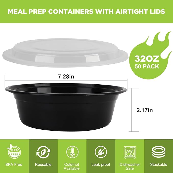 WGCC Meal Prep Containers 50Pack 32oz Bowls and Deli Containers with Lids 48 Sets-8oz, 16oz, 32oz, Leakproof, BPA Free/Microwave/Freezer/Dishwasher Safe - Image 4