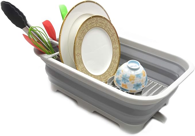 SAMMART 12L (3.17 Gallon) Collapsible Dish Drainer with Swivel spout - Foldable Drying Rack Set - Portable Dinnerware Organizer - Space Saving Kitchen Storage Tray (Grey) - Image 5