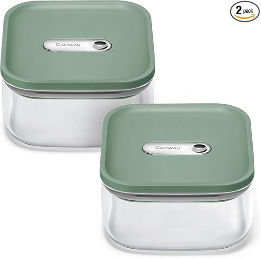 Caraway 1 qt Glass Airtight Food Storage Containers with Lids | Non-Toxic, Stackable, Space-Saving Airtight Containers for Pantry, Dry Goods, 2 Pack, Sage by Unknown