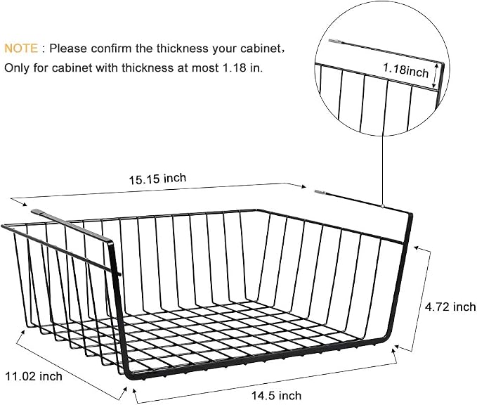 Neala Under Shelf Basket 4 Pack Hanging Under Shelf Storage Organizer Black Metal Wire Grid Under Table Shelf Storage Basket Rack for Pantry Cabinet Desk Bookshelf Office Closet - Image 2
