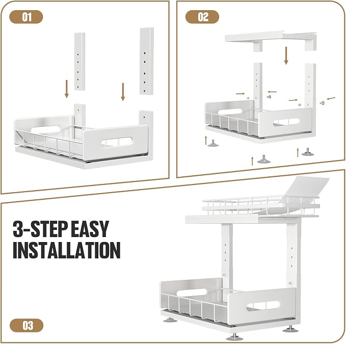Under Sink Organizer Upgrade To Professional Rails,2-Tier Dual Pull Out Cabinet Storage,Height Adjustable Slide Out Drawers For Bathroom Kitchen,2 Pack-14.5" Dx12.8-16.9" H,White - Image 5