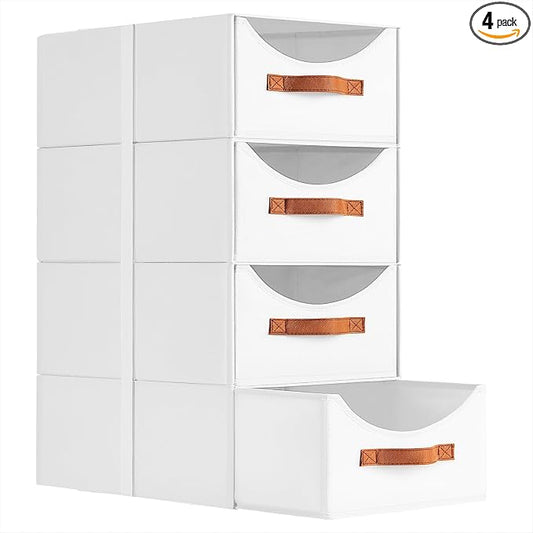 Closet Organizers and Storage - Large Stackable Storage Bins with Drawer, Fabric Bins for Organization, Collapsible Storage Drawers Organizer for Bedroom, Living Room, 4 Pack, White by Homsorout