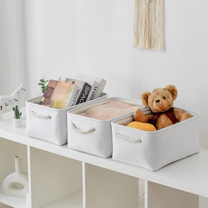 Decorative Basket for Organizing - Medium-1Pack 13.8L*9.8W*6.7H Rectangular Fabric Storage Bin Organizer Basket with Handles for Clothes (White) - Image 3