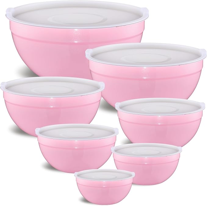 Pink Mixing Bowls with Airtight Lids, Stainless Steel Nesting Mixing Bowls Set of 7, Ideal for Baking, Prepping and Serving Food, Size 7, 3.6, 2.7, 2.1, 1.5, 1.1,0.8 QT, Stackable Design by Moxinox
