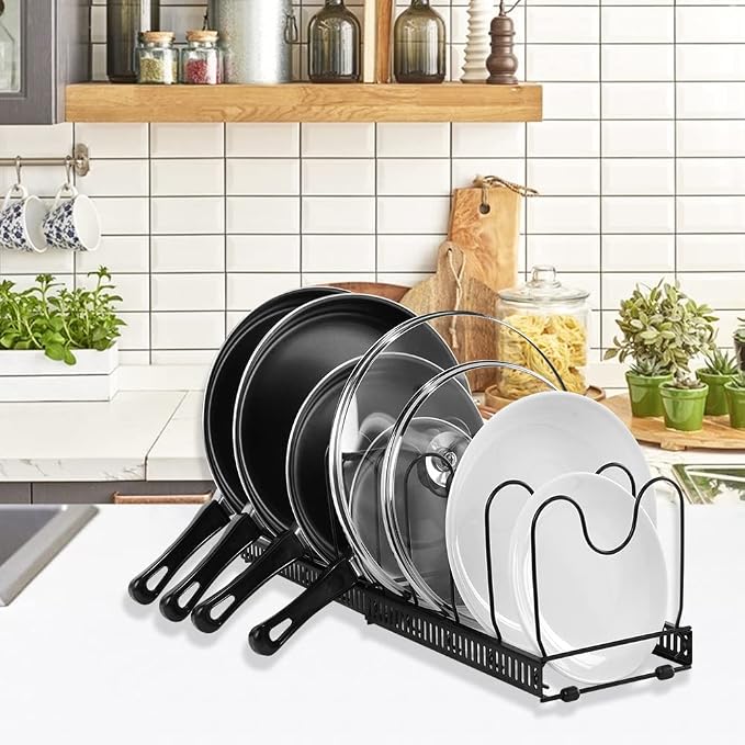 Expandable Pot Organizer Rack, Pans and Pots Lid Organizer Rack Holder with 10 Adjustable Compartment for Kitchen Cabinet Cookware Baking Frying Rack, Black… - Image 7