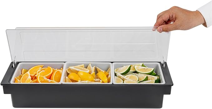 Restaurantware Bar Lux 19.6 x 6.3 x 3.7 Inch Condiment Caddy 1 Durable Bar Caddy - 3 Removable Compartments Built-In Lid Black Plastic Condiment Holder For Restaurant Store Cocktail Garnish - Image 11