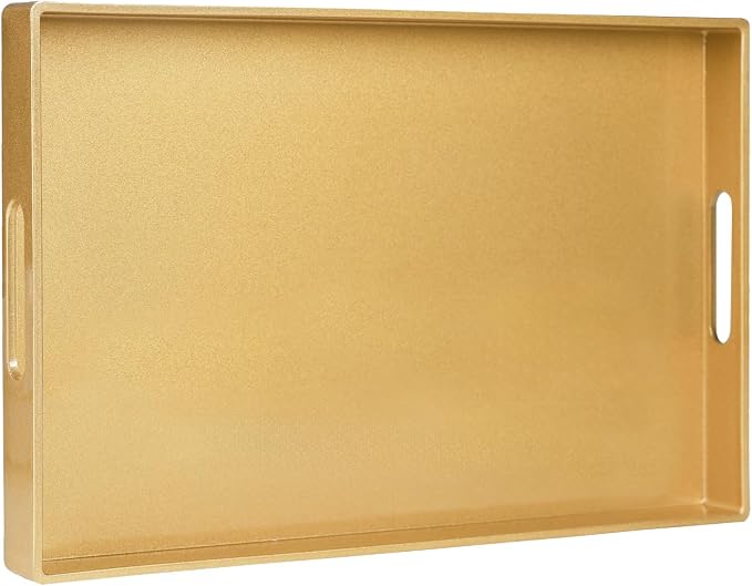 Gold Decorative Tray for Coffee Table, Serving Tray with Handles | Plastic Melamine Tray, Modern Ottoman Tray, Rectangular Countertop Organizer Tray for Living Room, 15.8"L x 10.2"W x 1.4"H by MAONAME