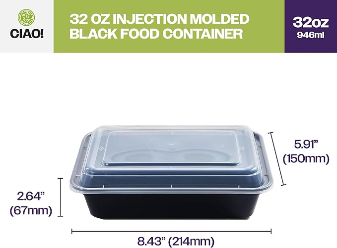 CIAO! Heavy Weight 32oz Injection Molded Microwavable Black Rectangular Food Container with Lid (150/case) - Image 4