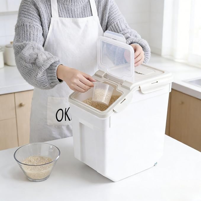 Saim 2 Pack 50lb Flour & Rice Storage Container Bin,Rice Dispenser (Grey) | BPA free plastic with seal lid, rolling wheels and measuring scoop for rice, flour, cereal and grain one-hand scooping - Image 8