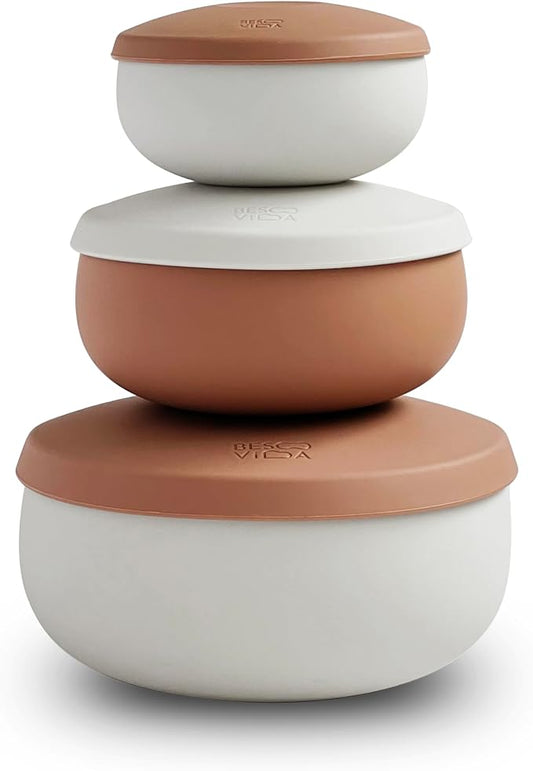 Silicone Bowl Set of 3 with Lids – Multi-Size, Leak-Proof, BPA-Free Food Storage Containers | Freezer, Microwave & Oven Safe | Ideal for Meal Prep & Leftovers (Chestnut Brown) by BesoVida