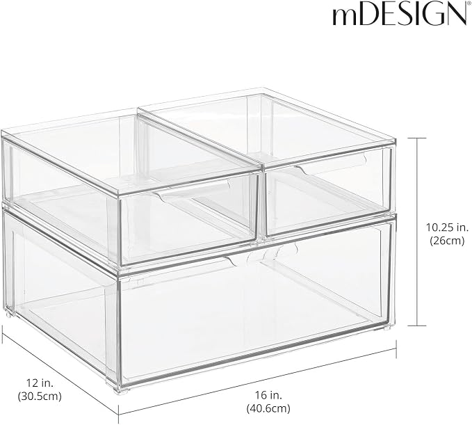 mDesign Plastic Stackable Bathroom Storage Organizer Bin Containers with Front Pull Drawer for Bathroom Countertop, Vanity, Closet Shelves - Holder for Accessories, Lumiere Collection, Set of 3, Clear - Image 2