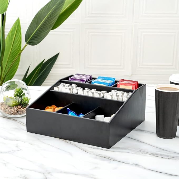 Restaurantware-11.75 x 5.5 Inch Coffee Condiment Organizer, 1 Square Creamer Organizer - 9 Compartments, Break-Resistant, Black Bamboo Coffee Accessory Caddy, Won't Chip, For Sugar Packets & Creamers - Image 8
