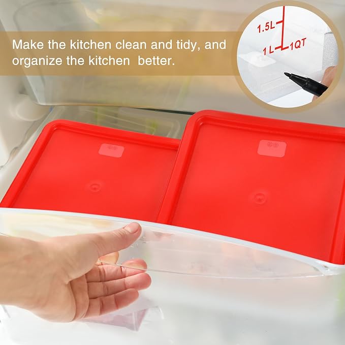 2 Pcs Square Food Storage Container Polycarbonate Clear Food Container with Lid Commercial Rice Storage with Graduations for Commercial Kitchen(2 Qt,4 Qt,Red) - Image 4
