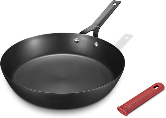 Carbon Steel Pan, 10 Inch Nonstick Frying Pan Skillet | Pre-Seasoned Carbon Steel Cookware with Removable Silicone Handle Holder, Indoor/Outdoor, Induction & Oven Safe by Yonida