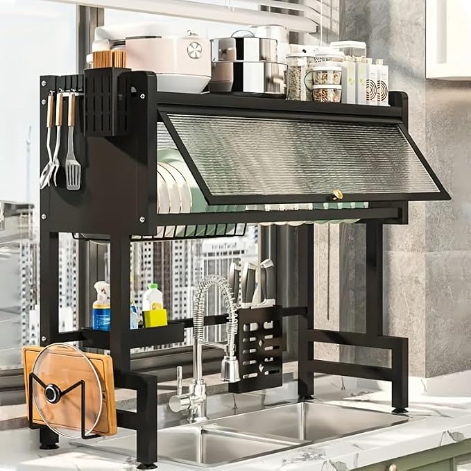 Over The Sink Dish Drying Rack, Over Sink Dish Drain Drying Rack for Kitchen Storage of Dishes and Cutlery, Space Saving Dish Rack with Cover, (Black, 33.5 inch) - Image 4