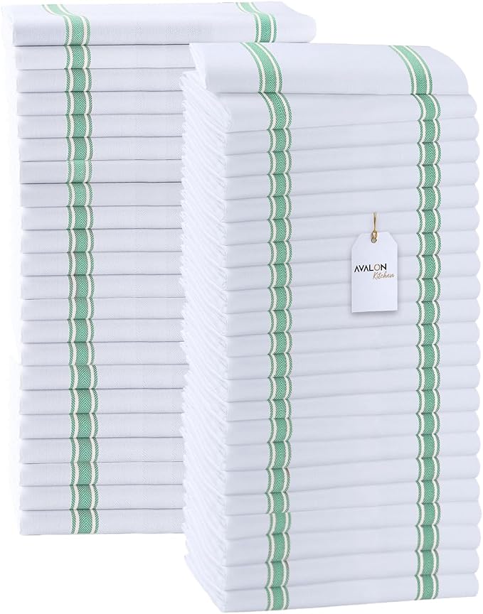Dish Towels 45 Pack Green Stripe 100% Cotton Kitchen Towel 15x25 Inch Tea Towels, Bulk Dish Cloths for Washing Dishes, Kitchen Rags for Drying Dishes by Avalon+Kitchen