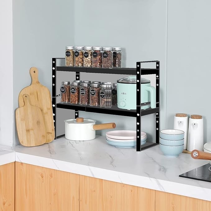 Jojocross Expandable Stackable Spice Rack Cabinet Shelf Organizer in Cabinets Shelves Kitchen Cupboard Organization Stack up Racks Pantry Countertop Storage Large/Black 2 Packs - Image 2