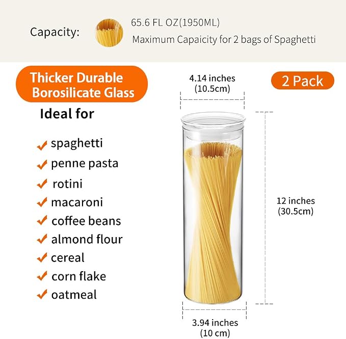 ZENS Glass Spaghetti Storage Container, 65oz Tall Glass Jars Set of 2 | Borosilicate Glass Canisters with Airtight Lids, Spaghetti Pasta Airtight Storage Jars for Kitchen Pantry - Image 3