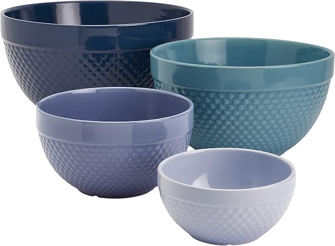 Tabletops Gallery Hobnail Style 4 Piece Blue Storm Stoneware Nesting Mixing Bowl Set for Baking and Cooking - Image 9