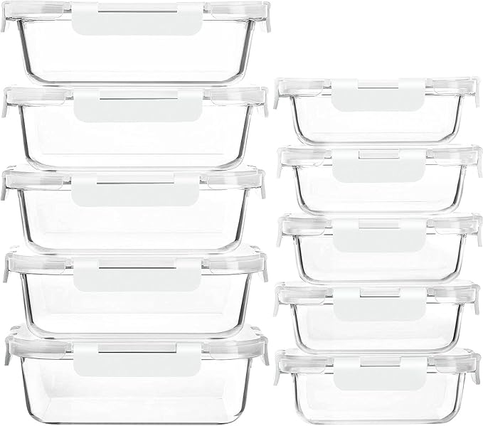 M MCIRCO 10 Pack Glass Food Storage Containers with Lids, White | Glass Meal Prep Containers,Airtight Lunch Containers with Lids, Microwave, Oven, Freezer and Dishwasher Friendly, BPA Free by MMCIRCO