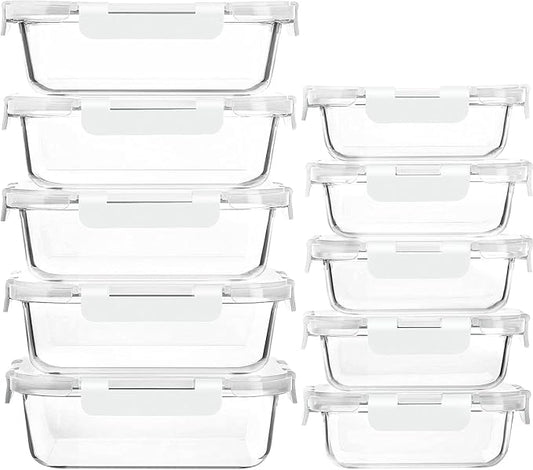 M MCIRCO 10 Pack Glass Food Storage Containers with Lids, White | Glass Meal Prep Containers,Airtight Lunch Containers with Lids, Microwave, Oven, Freezer and Dishwasher Friendly, BPA Free by MMCIRCO