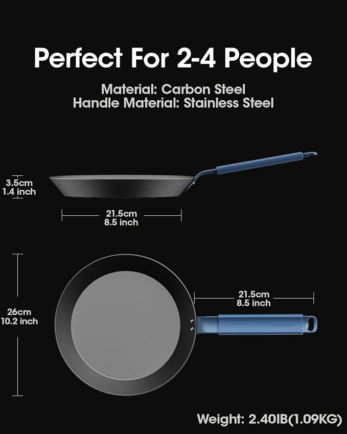 10 Inch Carbon Steel Frying Pan, Nitrided Preseasoned Skillet | Natural Patina Development with No Chemical Coating; Versatile Size for Daily Cooking & High-heat Searing - Image 3