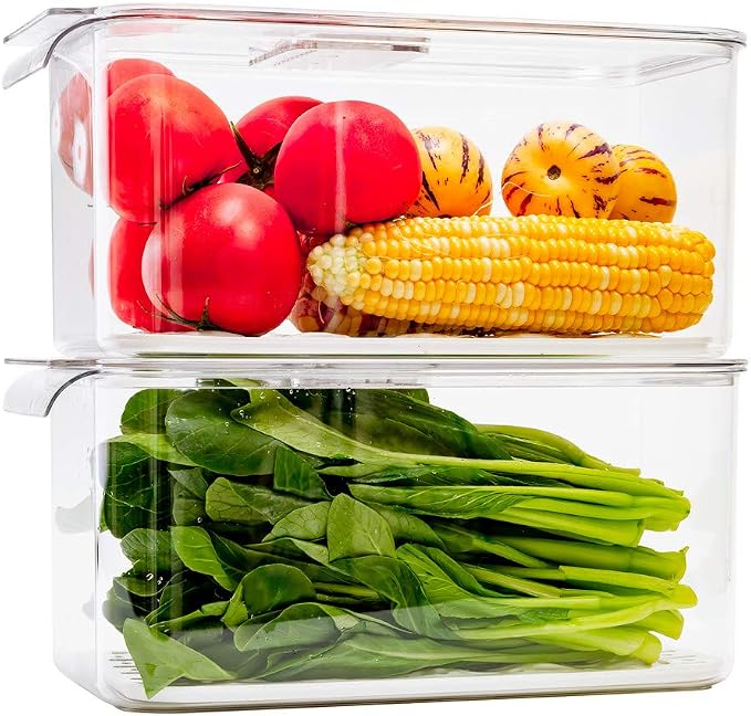 SANNO Produce Saver Refrigerator Organizer Bins with Lids And Removable Drain Tray Food Storage Container Fridge Stackable Freezer Bins For Kitchen Produce Fruit Vegetable (Set of 2) - Image 6
