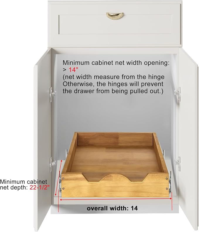 DINDON 1 Tier Pull Out Cabinet Organizer (14" W x 21" D) Single Tier Heavy Duty Sliding Wood Drawer Under Cabinet Shelf Organization Storage - Image 3