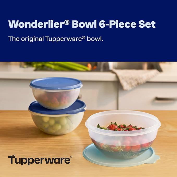 Tupperware Heritage Wonderlier 12 Piece Food Storage Bowl Set in Clear/Blue, Dishwasher Safe and BPA Free (6 Bowls, 6 Lids) - Image 2