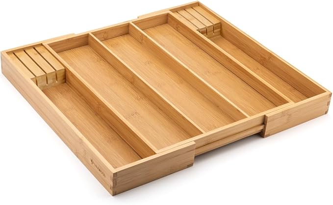 Purawood Kitchen Drawer Organizer with Knife Blocks - Utensil Drawer Organizer for Kitchen, Cutlery Tray & Silverware Organizer, 3-5 Slots - Bamboo Organizer for Utensils & Flatware (Natural) - Image 4