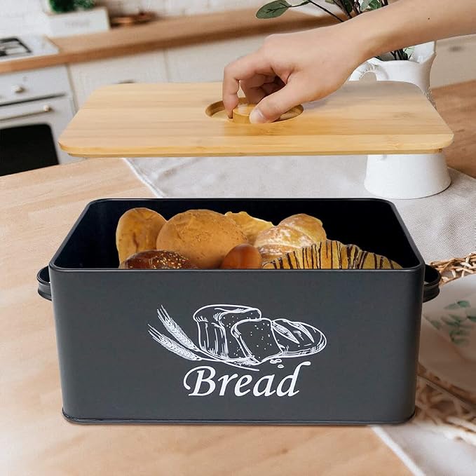 SOTECH Bread Box with 3pcs Jars Coffee Sugar Tea for Kitchen Countertop White Metal Bread Box with Bamboo Board Cover Pastry Storage Container Set Kitchen decor (Black box) - Image 3