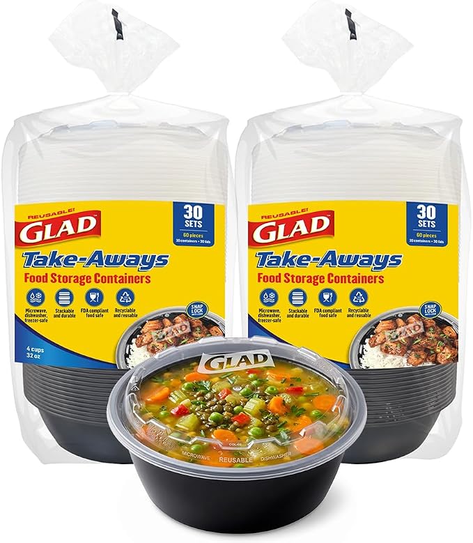 Glad Take-Aways 60-Pack Snap-Seal Round Food Storage Containers, 32 oz, Leak-Resistant Lids, Dishwasher & Freezer Safe, Reusable Meal Prep Bowls, BPA Free, Bulk Value, Made in North America by GladTrashFoodStorage