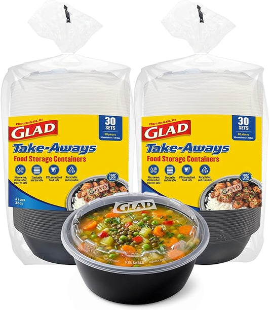Glad Take-Aways 60-Pack Snap-Seal Round Food Storage Containers, 32 oz, Leak-Resistant Lids, Dishwasher & Freezer Safe, Reusable Meal Prep Bowls, BPA Free, Bulk Value, Made in North America by GladTrashFoodStorage