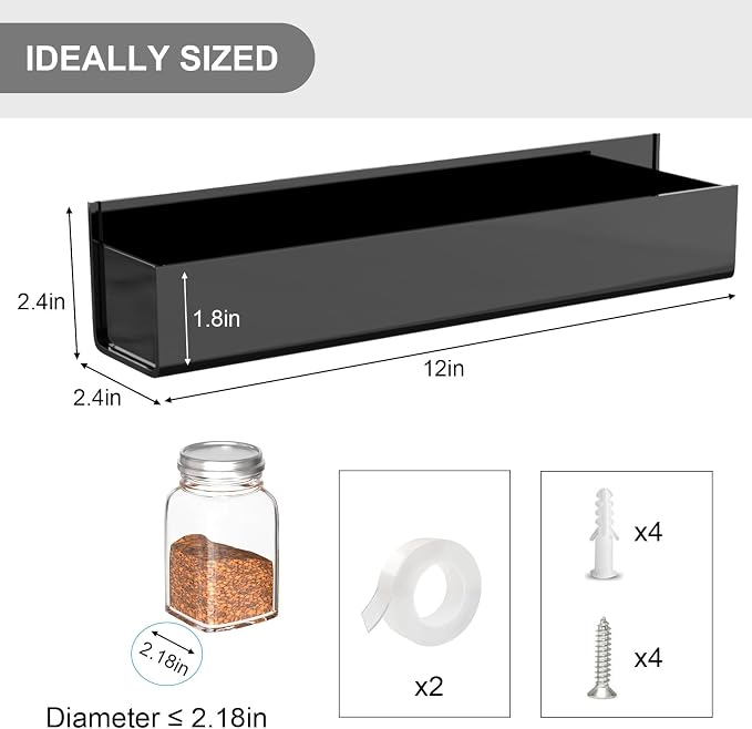 PMMASTO Adhesive Acrylic Spice Rack Organizer for Wall with Nano Double Sided Tape, Spice Shelf Organization for Kitchen Cabinet Door/Pantry Door, Wall Mount Seasoning Rack (Black - 4 Pack) - Image 7