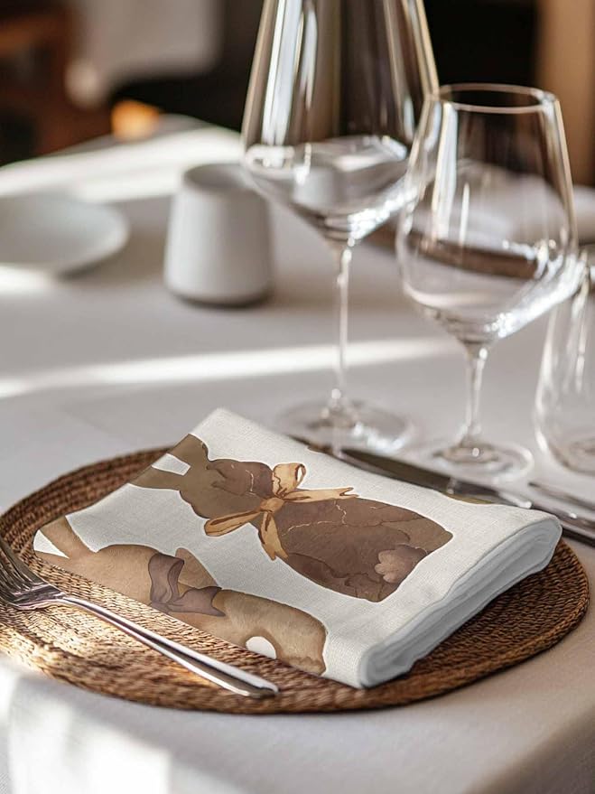 Kitchen Dinner Napkins Set of 8, Happy Easter Cloth Napkins Reusable Washable Table Napkins for Weddings Cocktail Parties Holiday Table Decor 20x20 Inch Brown Bunny Vintage Burlap Backdrop - Image 7
